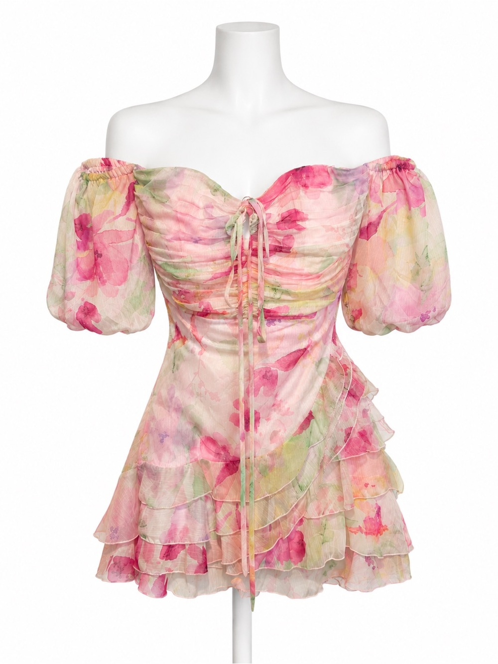 Mohito Pink Floral Off Shoulder Ruched Chiffon Mini Dress Size 36 S